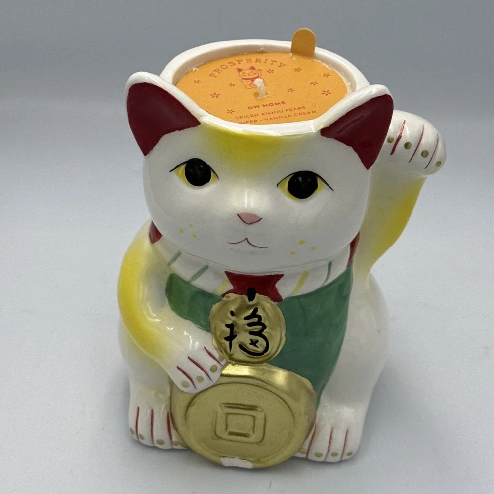 Lucky Cat Ceramic White Red Gold Prosperity Home Decor Candle Used Small Chip